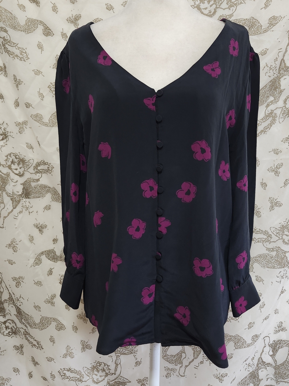 Amount Vert Silk Black And Magenta Floral Carreer Top M